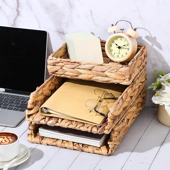 3 Pack Water Hyacinth Woven Stackable Desk Organizer Letter Tray, Primary Color Tabletop Desk Basket for Storage Paper Letter Folders Notebooks Copy Print, Workspace Holder - Image 6
