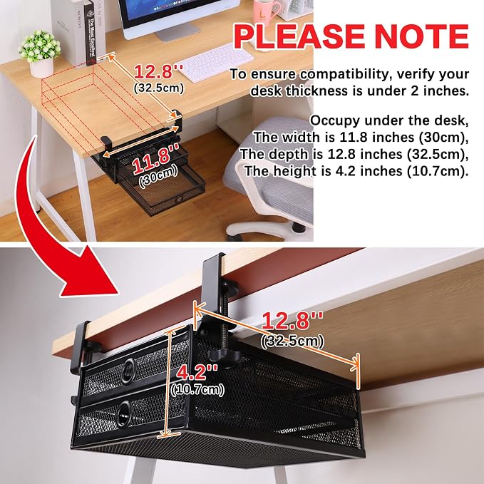 ROSYLINE Under Desk & Desktop Drawer Organizer, 2-Tier Big Capacity | Steel Construction, Clip-On No Drill Installation, Fits A4 Paper, for Office & Household Supplies - Image 8