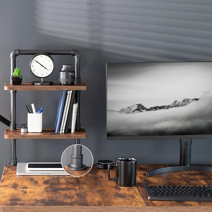 VIVO Clamp-on Premium 16 inch Industrial Pipe 2-Tier Tabletop Shelving, Heavy Duty Desk Extension Organizer, Modern Desktop Display Shelf, Rustic Vintage Brown Shelves, DESK-SHELF16-2N - Image 9