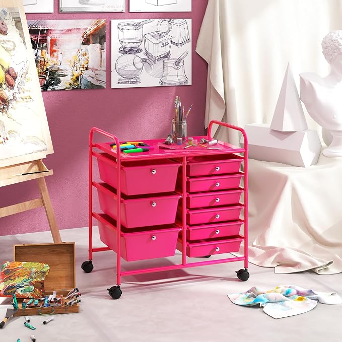 Moccha 9-Drawer Rolling Storage Cart - Under Desk Storage Drawers with wheels for Craft Art Supply Paper Salon, Scrapbook Paper Tools, Mobile Utility Cart for Classroom, Hot Pink - Image 9