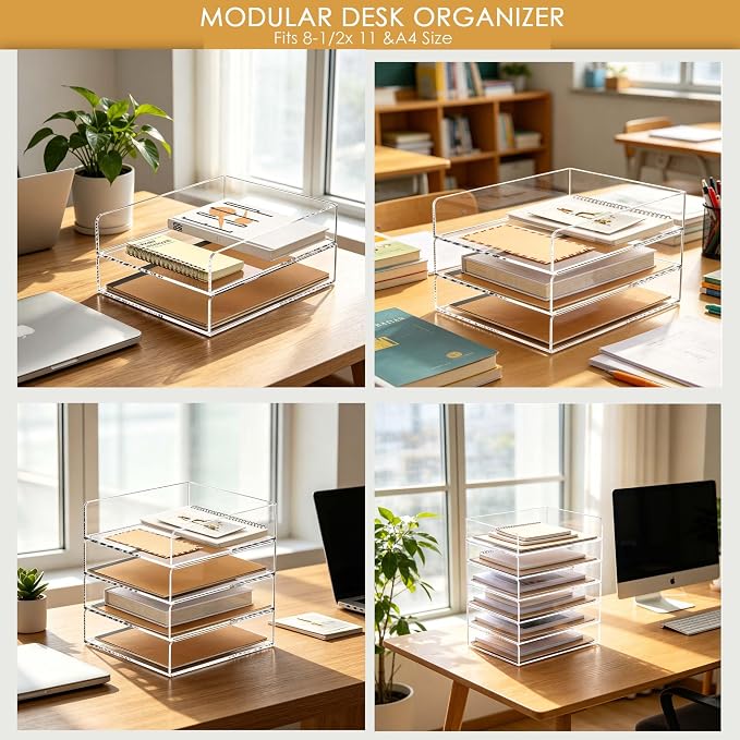 Acrylic Paper Organizer Letter Tray, Stackable Desk Organizer, 4-Tier | Desk Organizers and Accessories, Vertical File Tray, Workspace Office Supplies Organizer for Office Classroom Home, Clear - Image 8
