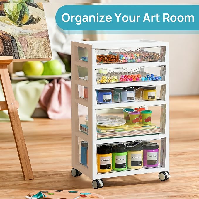 Vtopmart 5-Tier Plastic Drawer Storage Rolling Cart with Wheels | Clear Drawers with Multiple Sizes Keep Supplies visible. Sturdy for Under Desk, Office, Makeup , Crafts & Art Storage - Image 9
