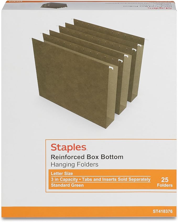 Staples Reinforced Box-Bottom Hanging File Folders, 3" Expansion, 1/5-Cut Tab, Letter Size, Standard Green, 25/Box - Image 9