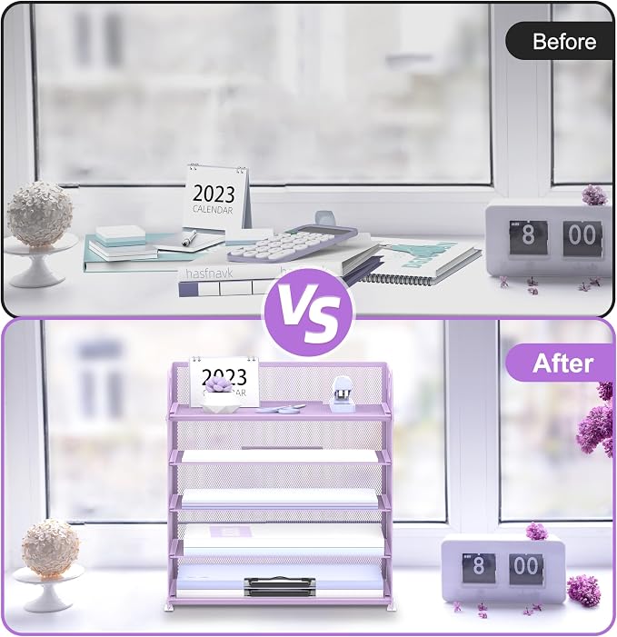 2 Pack 5-Tier Purple Desk Organizer with Handle Mesh Desk File/Paper Organizer Letter Tray for Office, School and Home Easy Installation Purple Office Supplies - Image 6