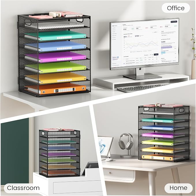 Lavatino 8 Tier Paper Organizer for Desk, Black Mesh Letter Tray File Sorter Organizers with Handles, Including 5 Adjustable Slid Trays for Office School Classroom Supplies Organization and Storage - Image 7