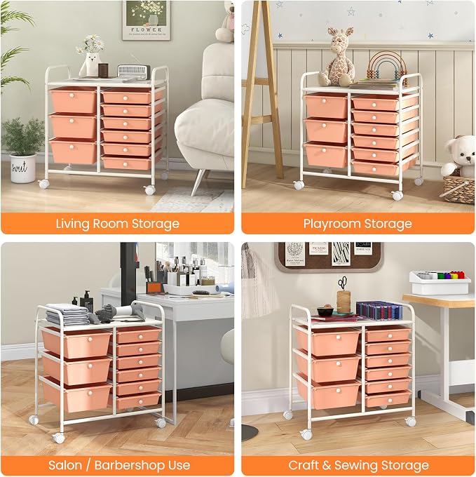COSTWAY Rolling Storage Cart with 9 Drawer, Utility Cart with Metal Frame | Mobile Art Supply Craft Organizer, Multipurpose Storage Organizer for Paper, Office, School Teacher, Classroom, Peach - Image 9