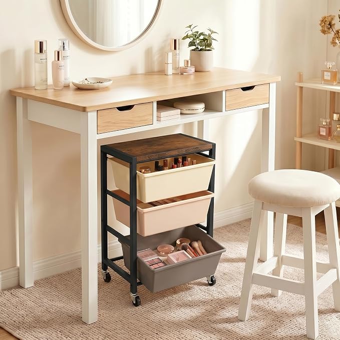 Rolling Cart with 3 Drawers, Plastic Drawer Storage Carts with Lockable Wheels & Wooden Tabletop, Metal Art Craft Utility Cart Organizer for Home Office Bedroom Dorm Bedside Classroom, Dark Brown - Image 8