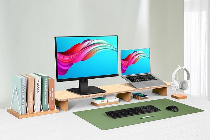 Aothia Large Dual Monitor Stand Riser, Solid Wood Desk Shelf with Eco Cork Legs for Laptop Computer/TV/PC/Printers, Perfect Desktop Stands Organizer with Underneath Storage for Office Accessories - Image 8