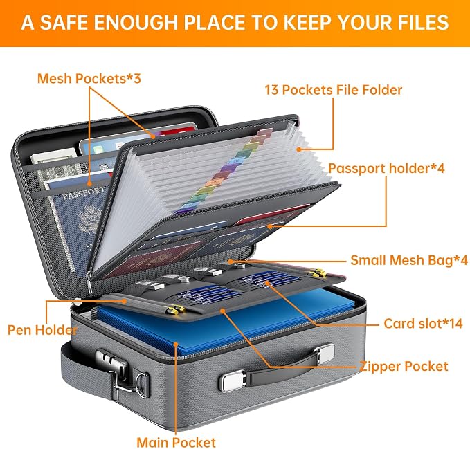 DocSafe Fireproof Document Box with Lock&Shoulder Strap,Hard Case File Organizer with Accordion File Folder,Multi-Layer Portable Home Office Travel Safe Storage for Important Documents Laptop Gray - Image 9
