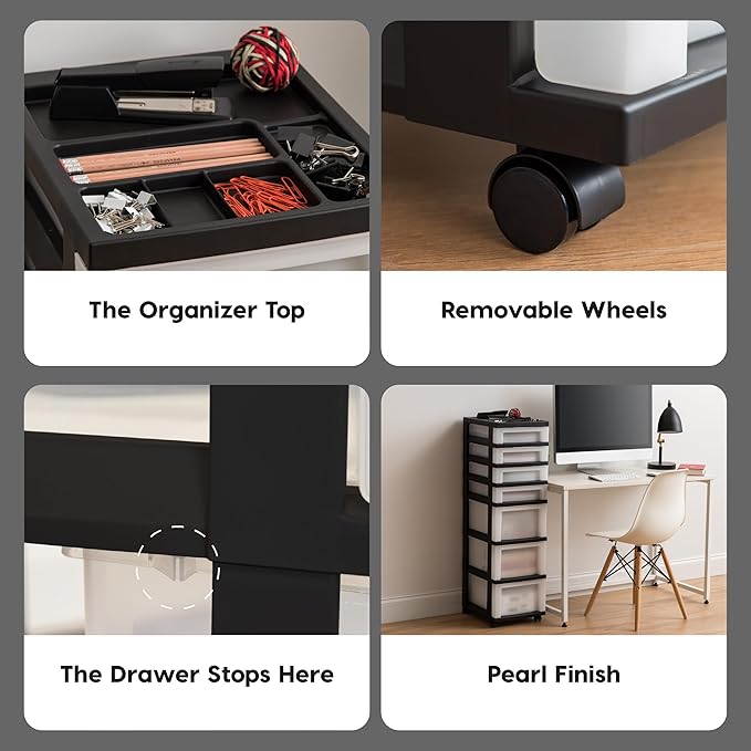 IRIS USA 7-Drawer Rolling Storage Cart, Black/Pearl | Keep craft supplies, office essentials, classroom items, and accessories organized with easy-access drawers for daily use - Image 8