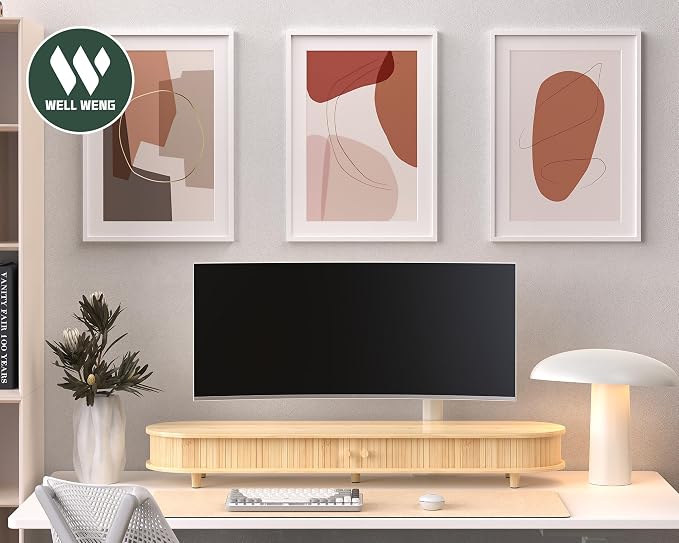 Bamboo Dual Monitor Stand with Storage, 42 Inch Desk Shelf Riser | Curved Double Computer Laptop Stand Desk Shelf Organizer with Sliding Doors for 55-72 Inch Desk - Image 8