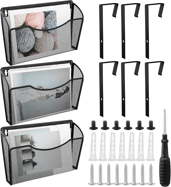 Tenceur 3 Pcs Mesh Letter Wall File Folder Cubicle File Holder Hanging Wall Mounted File Holder 3 Pocket Vertical File Organizer for Office Home Room Storage Basket(13.19 x 12.2 x 3.07 Inch,Black) - Image 7