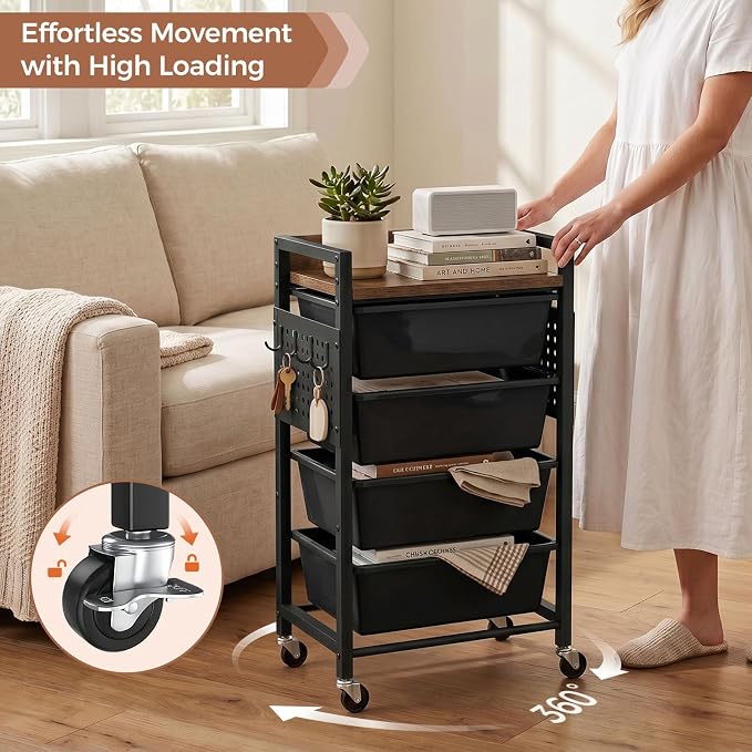5 Tier Rolling Cart with Drawers, Plastic Drawer Storage Craft Cart with Pegboards & Hooks, Metal Utility Cart with Wheels & Wooden Tabletop, Classroom Office Art Supply Organizers and Storage, Black - Image 7