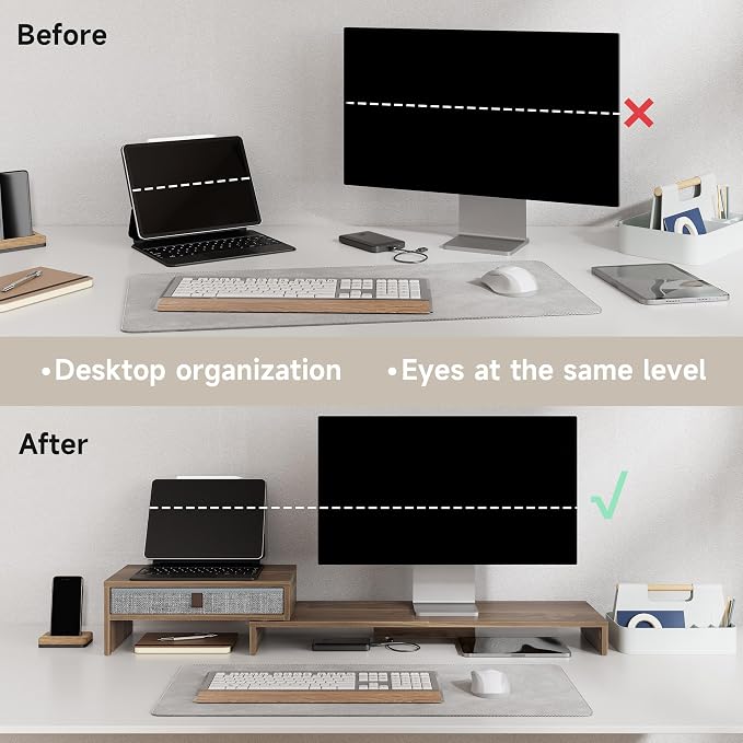 Fenge Triple Monitor Stand with Srorage Drawer, Adjustable Length and Angle | Computer Monitor Riser for 2 or 3 Monitors, Wooden Desktop Laptop Stand, Office Organizer for PC, Screen, Tablet, Brown - Image 9