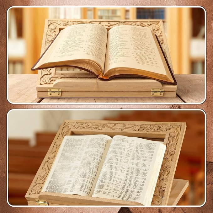 DoubleFill Adjustable Wooden Bible Stand Carved Bible Holder Missal Stand Book Display for Reading Folding Religious Prayer Wooden Holy Book Holder 12.99 x 10.04 Inches (Light Brown) - Image 7