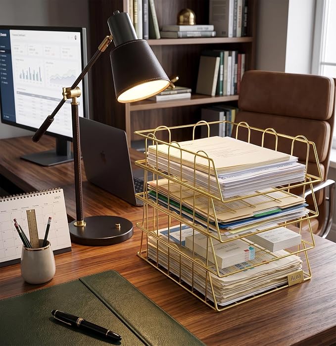 Gold Stackable W 9.75" X L 12" Desk Organizer Tray Set (4-Tier) - Image 5