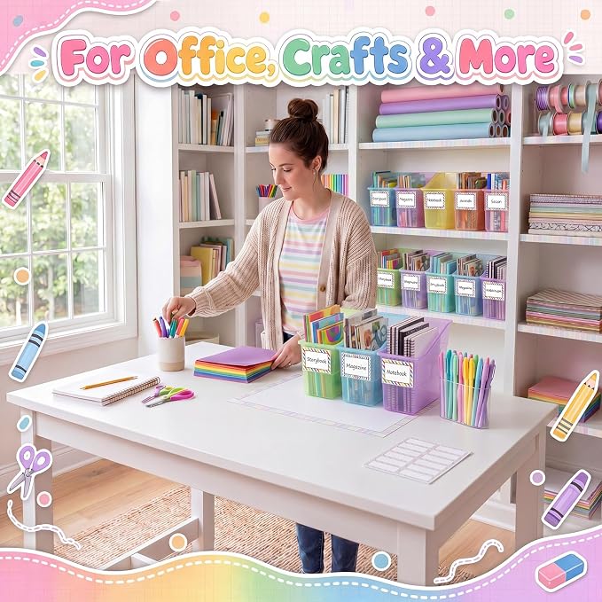 Blosssound 24 Set Book Bins for Classroom with Label Sticker Book Box Baskets Plastic Stackable Organizing Bins Storage & Organization for Classroom Library Home School Supplies (Translucent Pastel) - Image 7