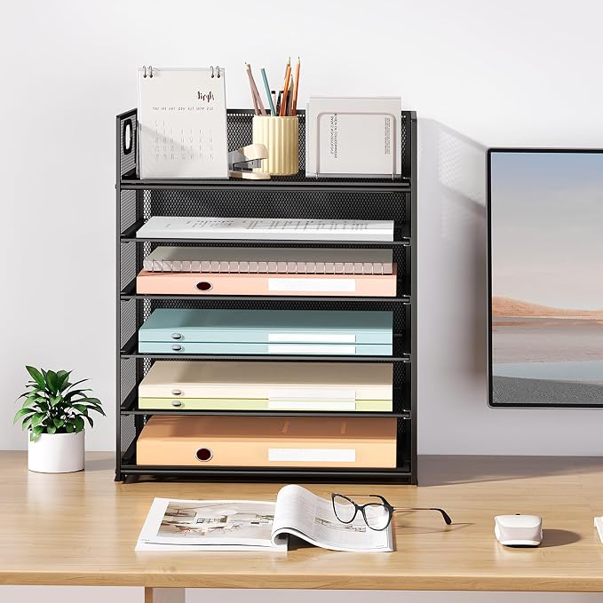 Subekyu 6 Tier Paper File Tray Organizer for Desk, Black Mesh Desk Letter Paper File Folder Accessories Sorter Organizer with Handle, Stackable Slide Tray for Office, Home or School Supplies Storage - Image 7