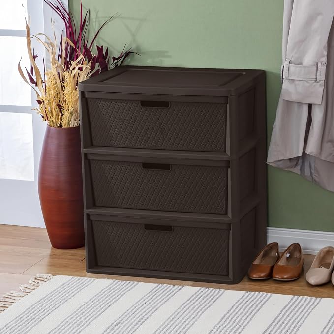 Brown Storage Drawer, 3 Drawer Plastic Weave Wide Tower with Pull Handles - Image 5