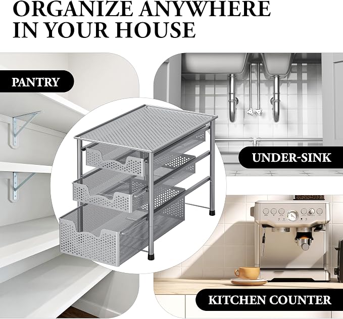 Simple Houseware Stackable 3 Tier Sliding Basket Organizer Drawer, Silver - Image 8