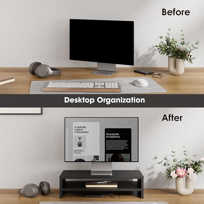 FITUEYES Wooden Monitor Stand Riser, 2-Tier Desk Storage Shelf, Black | 21.3-Inch Desktop Organizer Fits Laptop, Computer Screen and Office Supplies - Image 8