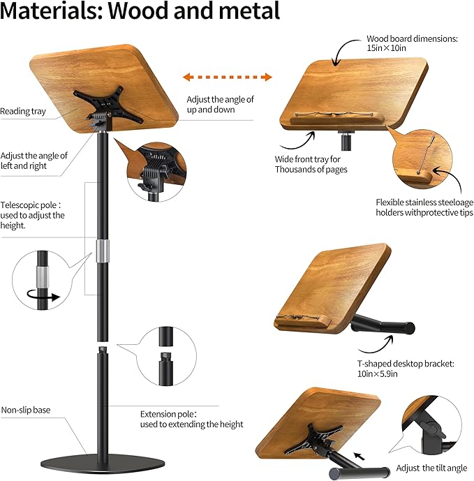 NAMON 2-in-1 Dual-use Floor & Desktop Book Stand, 100% Solid Wood, Height Adjustable from 16.5" to 51", Floor Reading Stand with Page Clip for Cookbooks, Sheet Music, Projector (with a T-Shaped) | 100% Solid Wood, Floor Reading Stand with Page Clip for... - Image 6