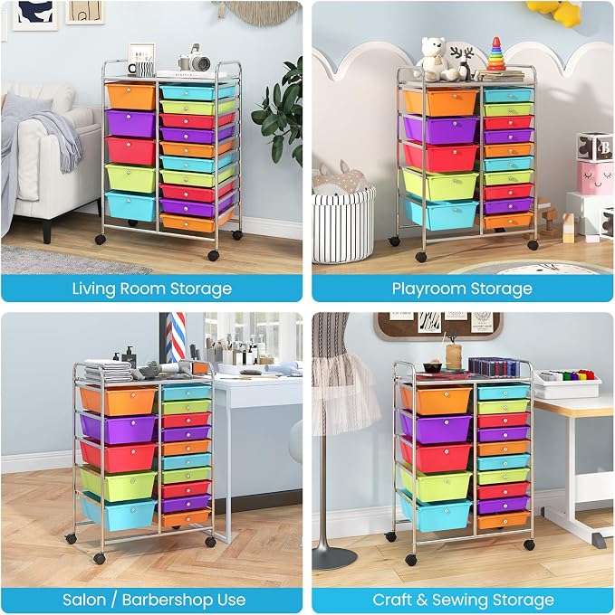 Giantex 15-Drawer Organizer Cart Office School Storage Cart Rolling Drawer Cart for Tools, Scrapbook, Paper (Multicolor) - Image 9