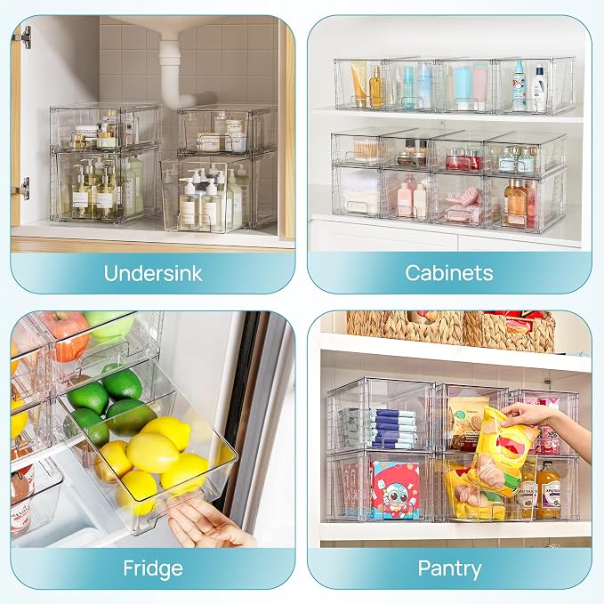 Vtopmart Clear Stackable Storage Drawers, 4 Pack Kitchen Cabinet Set | Medium and Small Pull-Out PET Drawers with Stackable Design for Kitchen Cabinets, Pantry, Under Sink, Medicine - Image 8