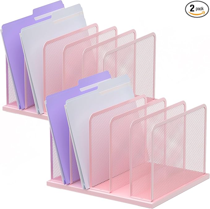 Kuntine.B 5-Section Upright Desk File Organizer Pink 2 Pack | Vertical, Mesh, Metal, Assembly, Stability, Sturdiness, Organization, Standing by KuntineB