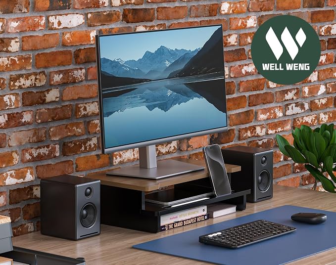 16.5” Bamboo Monitor Stand with Phone & Tablet Holder Desk Shelf | Monitor Riser for 36-48 Inch Desk Cozy Computer Setup Workplace Organizer Keyboard Storage Compact Ergonomic Black - Image 7