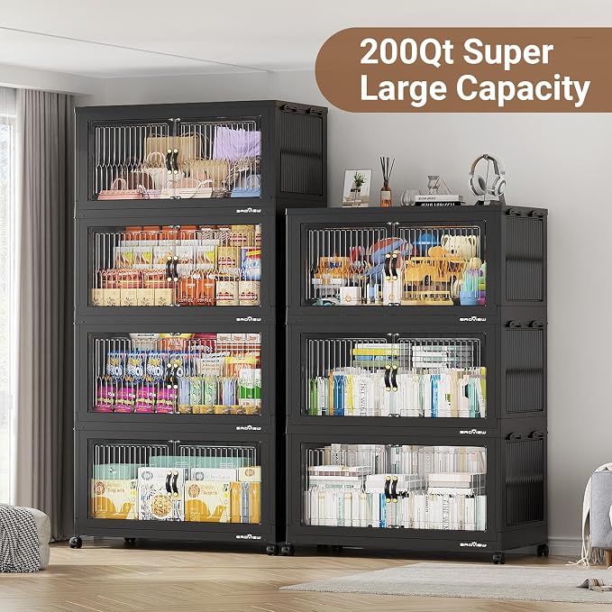 BROVIEW 800Qt Extra Large Stackable Storage Bins with Lid, Closet Organizer Collapsible Drawer Boxes with Wheels, Folding Plastic Cabinet Containers for Home Kitchen Room Organization, 4Pack Black - Image 9