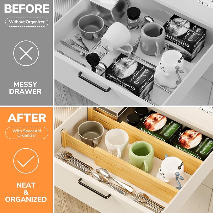BAMEOS Bamboo Expandable Drawer Dividers – Fits 13.3"–19" Drawers, 3" Deep Walls, Set of 4 | Spring-Loaded Separator for Deep Kitchen & Bathroom Drawers, Prevents Items Falling Over - Image 7