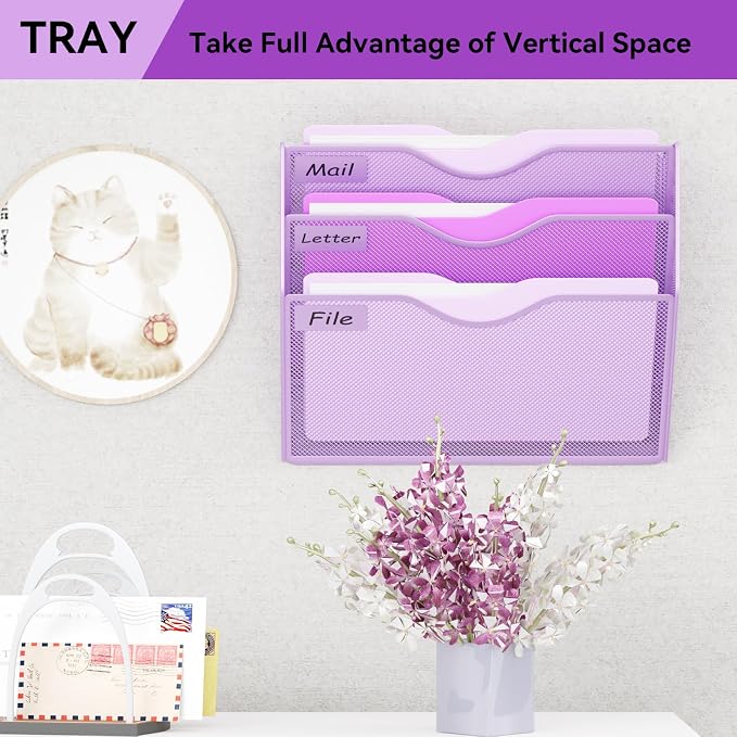3 Pockets Hanging Wall File Organizer Mail Holder, Wall Mounted Paper Document Folder Holder, Clipboard Storage Organization Magazine Rack, Light Purple - Image 7