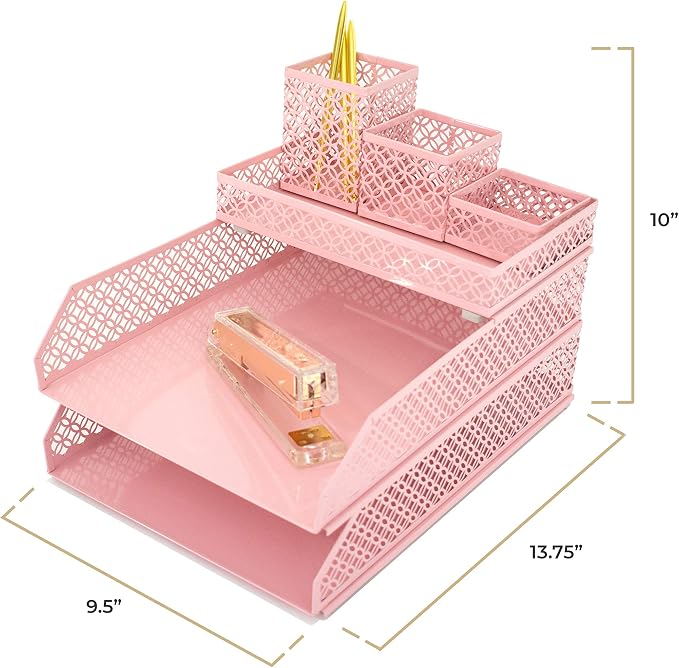 BLU MONACO | Pink Desk Organizer Set for Women 6 Piece | Mail Sorter Organizer Countertop with Letter Trays | Standing File Organizer with Mesh Pen Holders - Image 6