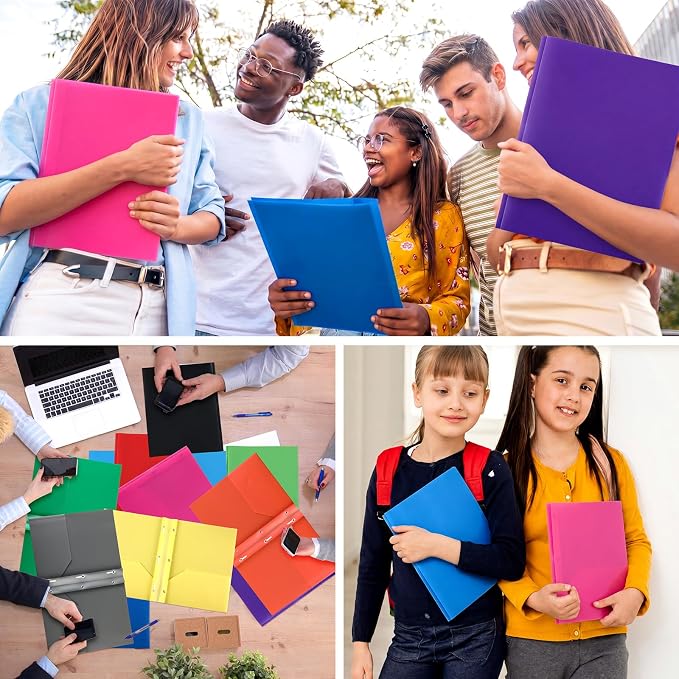 Cholemy 72 Packs Pocket Folders with Prongs Heavy Duty Plastic Folder with Business Card Slot 3 Prong Fasteners for School Office (Rainbow) - Image 7