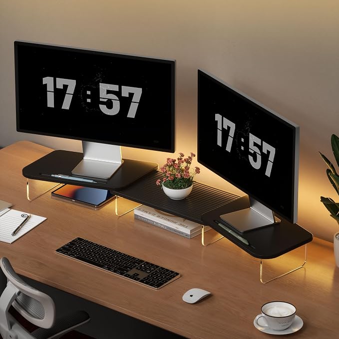 AFOOYO LED Dual Monitor Stand Riser for 2 Monitors,Office Desktop Wooden Stand Adjustable Length and Angle 3 Shelf,Extra Long Multifunctional Stand up to 39.3" for Computer,Laptop,TV,Black - Image 9