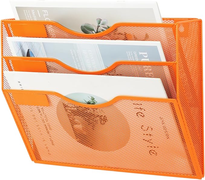 3 Pocket Mesh Hanging Wall File Organizer, Wall Mounted Mail Paper Document Folder Holder, Clipboard Storage Organization Magazine Rack with Nametag Label for Office Home School, Orange - Image 7
