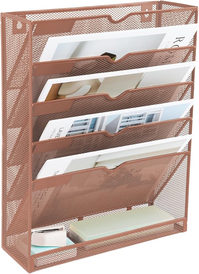 6 Tier Mesh Hanging Wall File Organizer, Desk Vertical Mail Paper Document Folder Holder Rack with Bottom Tray and Nametag Label for Office Home School, Brown - Image 8