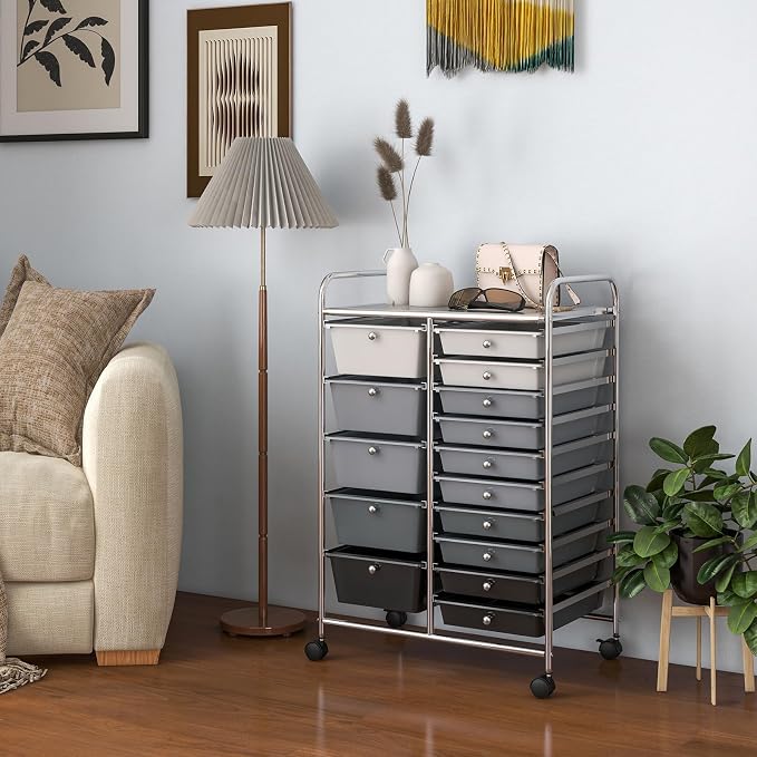 GOFLAME 15-Drawer Rolling Storage Cart, Craft Storage Cart with Removable Drawers & Lockable Wheels, Art Cart Supply Storage Organizer for Home Office Classroom, Gray Gradient - Image 9