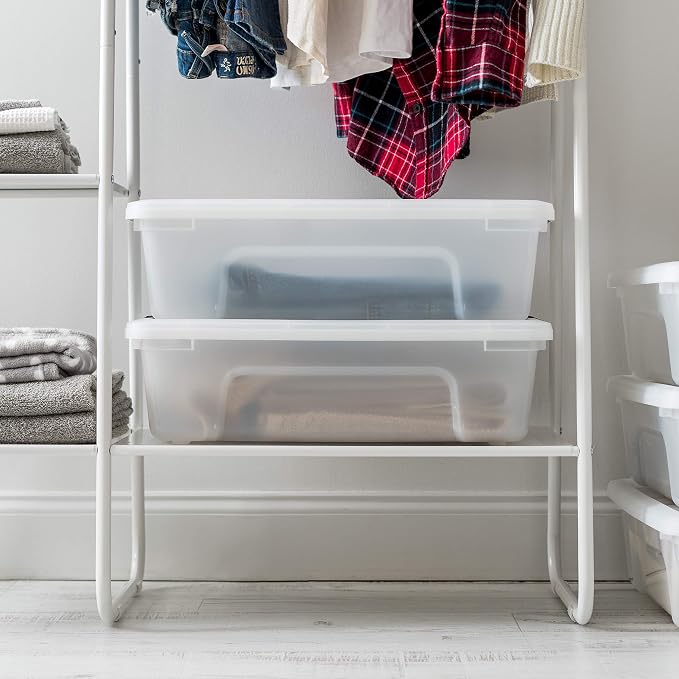 IRIS USA 6-Pack 27 Quart Storage Bins with Lids, Pearl | Conceals contents for a clean look. Great for linens, décor, closet storage, and supplies. Nestable design saves space - Image 9
