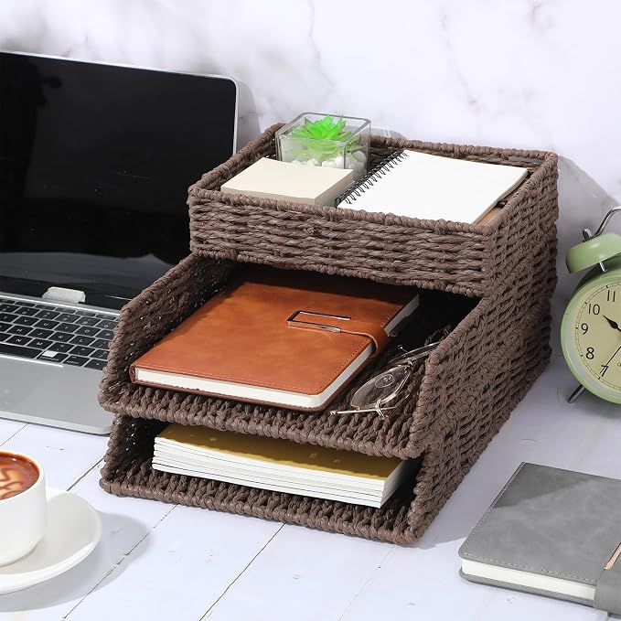 3 Pack Paper Rope Woven Stackable Desk Organizer Letter Tray, Brown Tabletop Desk Basket for Storage Paper Letter Folders Notebooks Copy Print, Workspace Holder - Image 6