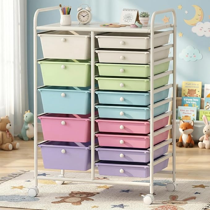 DORTALA 15-Drawer Rolling Storage Cart with Drawers, Rolling Utility Cart w/Removable Drawers & Universal Wheels, Tools Scrapbook Paper Organizer for School, Office, Home, Classroom (Ice Cream) - Image 7