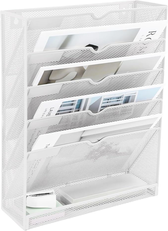 6 Tier Mesh Hanging Wall File Organizer, Desk Vertical Mail Paper Document Folder Holder Rack with Bottom Tray and Nametag Label for Office Home School, White - Image 8