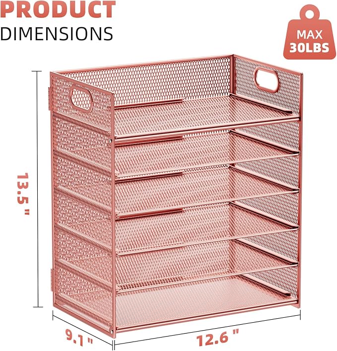 Marbrasse 2 Pack Desk Organizer with Handle, 6 Tier Paper Letter Tray, Mesh Desk File Organizer for Office, School and Home - Rose Gold - Image 6