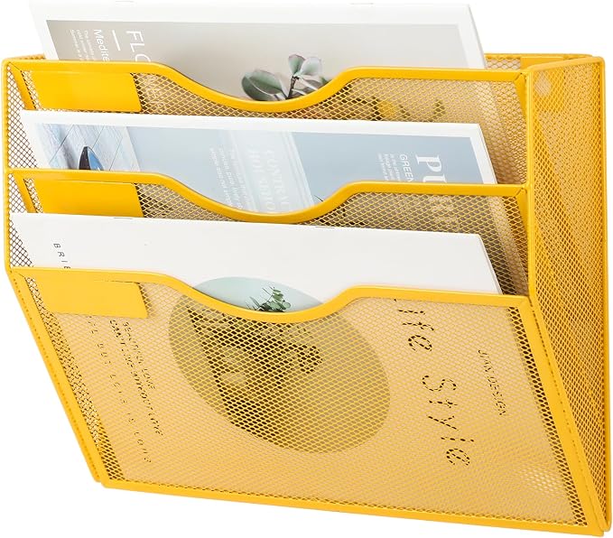 3 Pocket Mesh Hanging Wall File Organizer, Wall Mounted Mail Paper Document Folder Holder, Clipboard Storage Organization Magazine Rack with Nametag Label for Office Home School, Yellow - Image 7