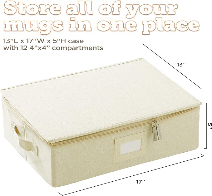Cup & Mug Storage Case | Hard Shell Felt Dividers | Cream | Hard Shell Case Holds 12 Cups Or Mugs In 4x4 Felt Compartments. Stackable, Top-Load, Dual Handles. Cream Linen Finish. - Image 7