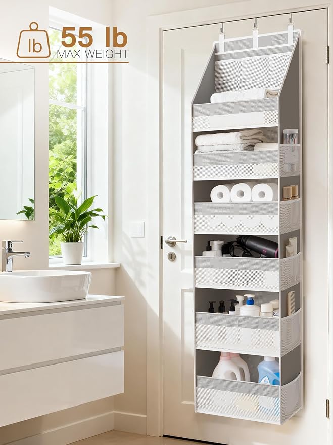 Over The Door Organizer, Heavy-Duty 6-Shelf Hanging Storage with 13 Mesh Pockets, 55lbs Capacity Behind The Door Storage for Nursery, Bathroom, Bedroom, and Dorm, Grey - Image 9
