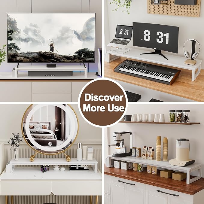 LAND·VOI Dual Monitor Stand Riser,41.5'' Long Monitor Stand for 2 Monitors, Wood and Steel Computer Monitor Stand, Desktop Oraganizer with Pen Holder, Monitor Riser for Desk Computer,Laptop,TV, White - Image 9
