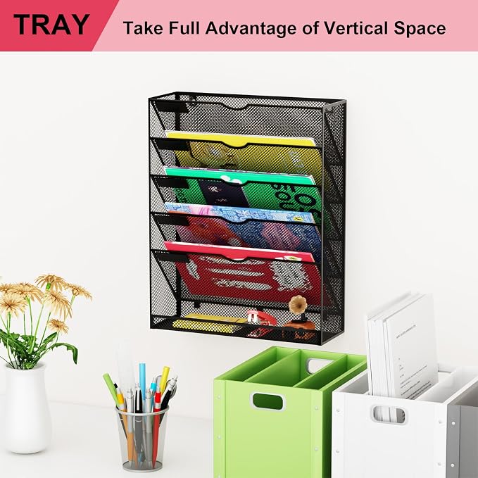 Hanging Wall File Organizer 6 Tier Wall Mounted Mail Paper Folder Holder Document Organization Stand, Vertical Desk Magazine Rack for Office Home Cubicle Countertop, Black - Image 7