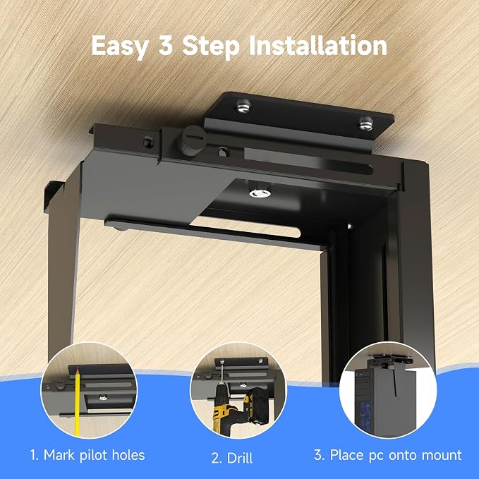 Suptek Adjustable Under Desk and Wall PC Mount,3.94 to 11.61 inch Wide Computer Case CPU Hanger Holder 360 Degree Rotatable Under-Desk PC Hanging Stand Holder Mount (ZJJ001XL) - Image 7